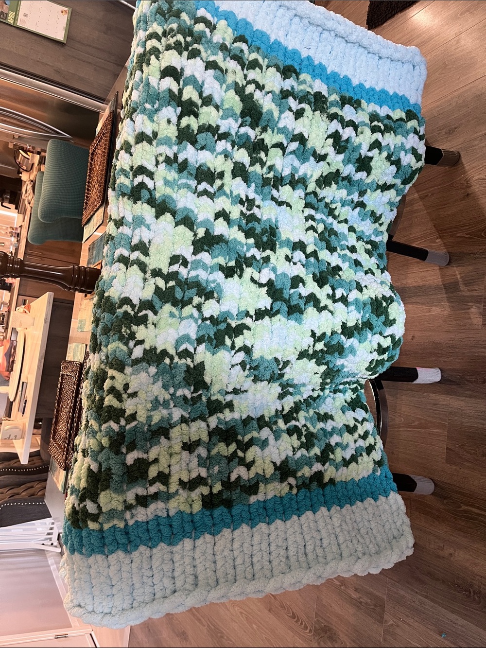 Handmade Chunky Knit Throw Blanket in Greens and Teal